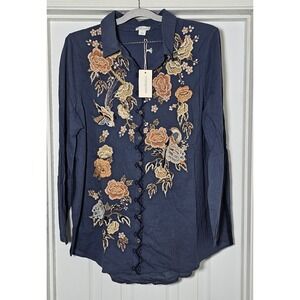Sundance Embroidered Floral Button Up Shirt Size Large Cotton Gauze Birds Blue